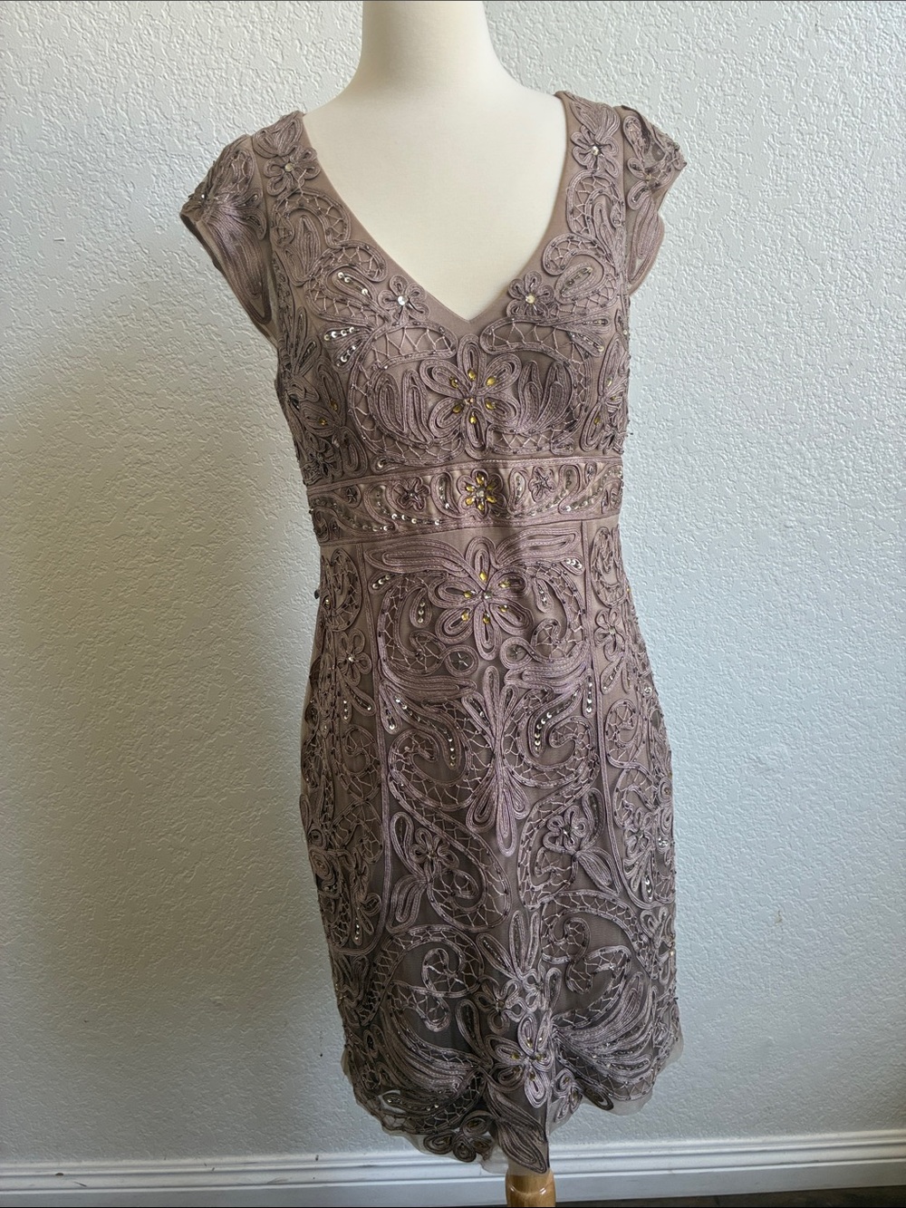 Beaded V-Neck Cap Sleeve Dress in Taupe Lace